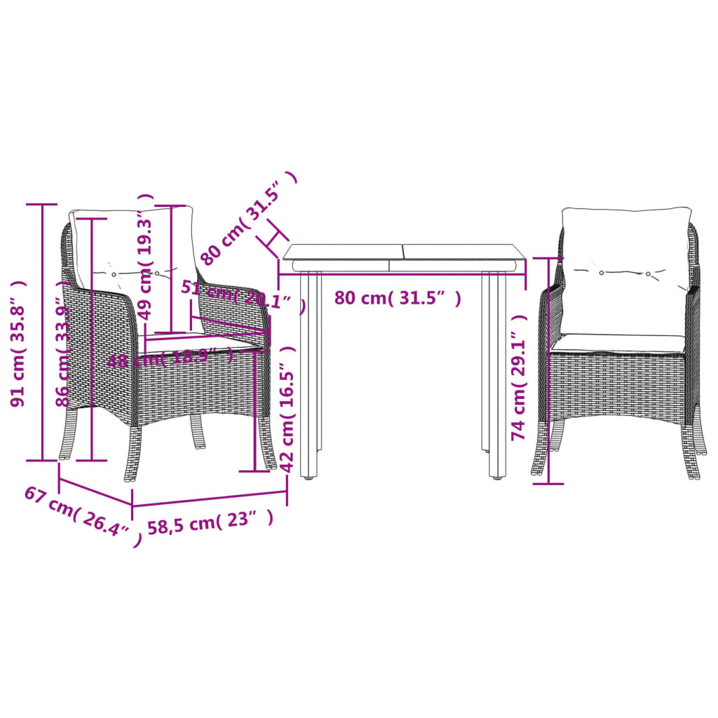 3 Piece Garden Dining Set with Cushions Grey Poly Rattan (US only)