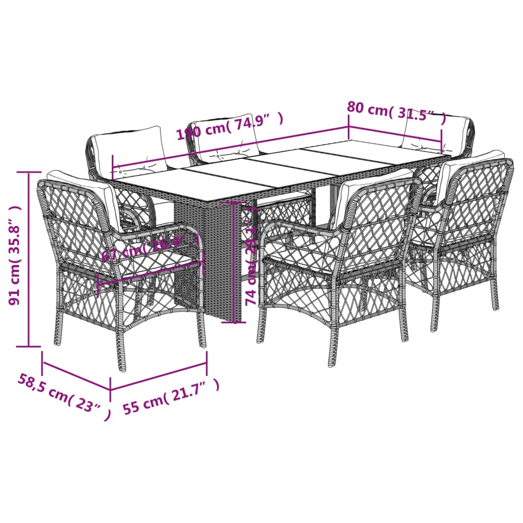 7 Piece Garden Dining Set with Cushions Grey Poly Rattan (US only)