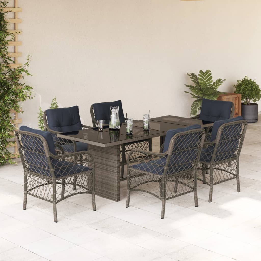 7 Piece Garden Dining Set with Cushions Grey Poly Rattan (US only)