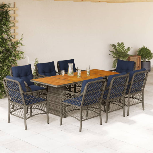 9 Piece Garden Dining Set with Cushions Grey Poly Rattan