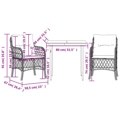 3 Piece Bistro Set with Cushions Grey Poly Rattan (US only)