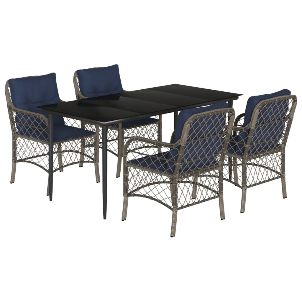 5 Piece Garden Dining Set with Cushions Grey Poly Rattan (US only)