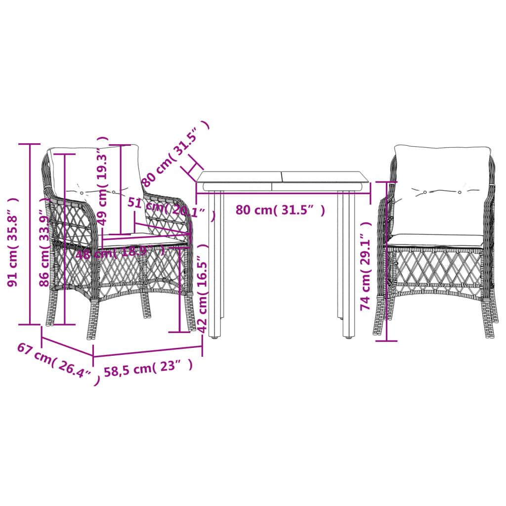 3 Piece Bistro Set with Cushions Grey Poly Rattan (US only)