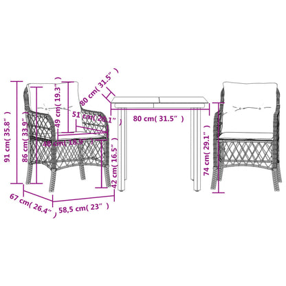 3 Piece Bistro Set with Cushions Grey Poly Rattan (US only)