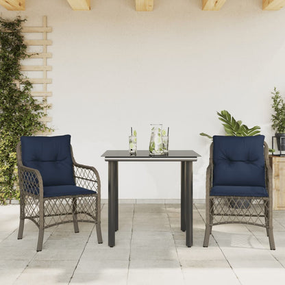 3 Piece Bistro Set with Cushions Grey Poly Rattan (US only)