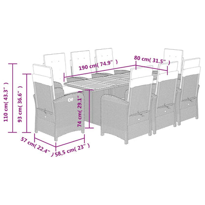 9 Piece Garden Dining Set with Cushions Grey Poly Rattan (US only)