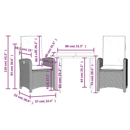 3 Piece Garden Dining Set with Cushions Grey Poly Rattan (US only)