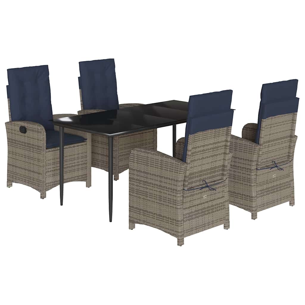 5 Piece Garden Dining Set with Cushions Grey Poly Rattan (US only)