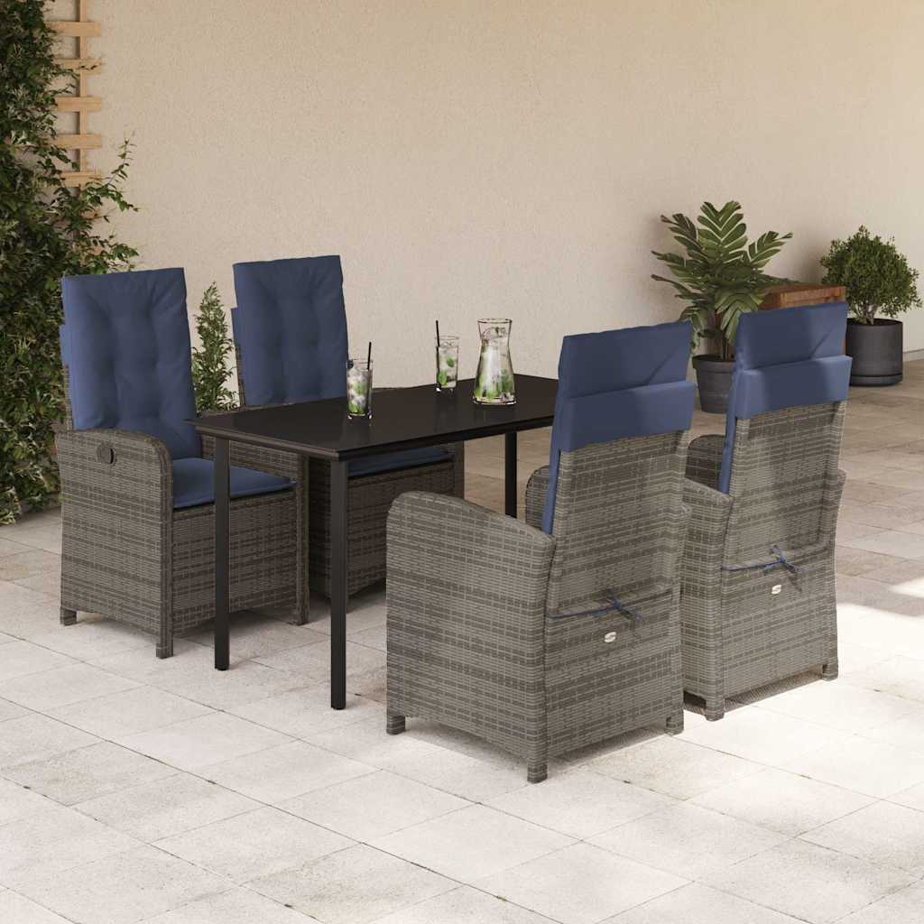 5 Piece Garden Dining Set with Cushions Grey Poly Rattan (US only)