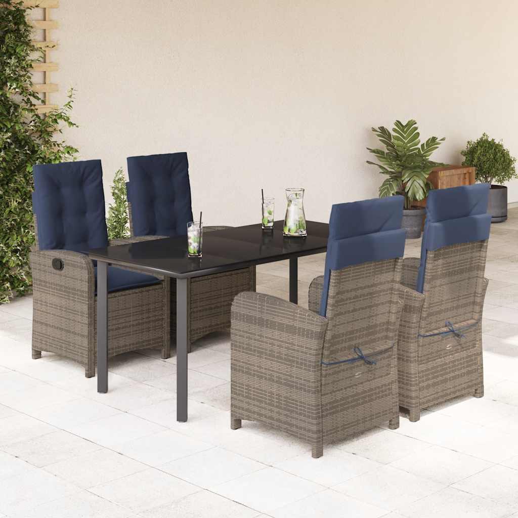 5 Piece Garden Dining Set with Cushions Grey Poly Rattan (US only)