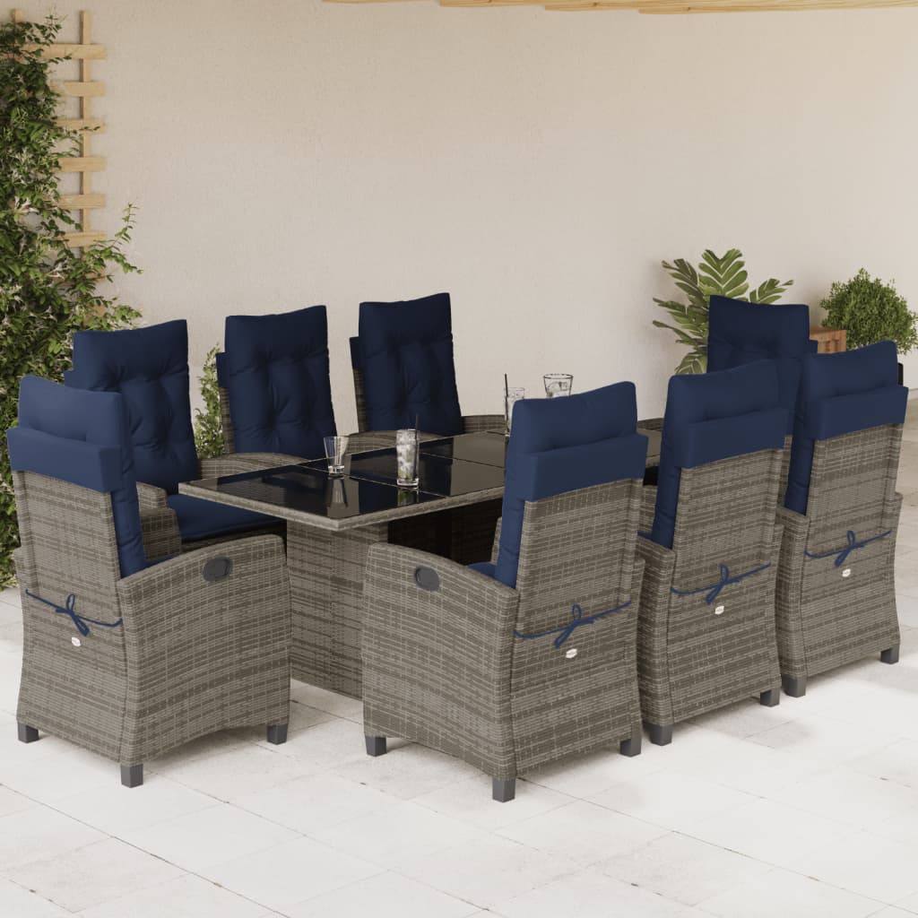 9 Piece Garden Dining Set with Cushions Grey Poly Rattan (US only)