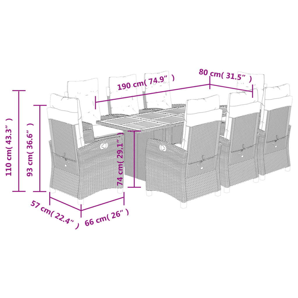 9 Piece Garden Dining Set with Cushions Grey Poly Rattan (US only)