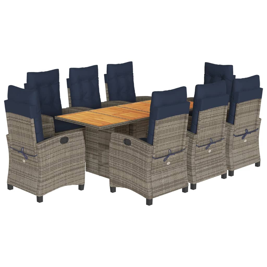 9 Piece Garden Dining Set with Cushions Grey Poly Rattan (US only)