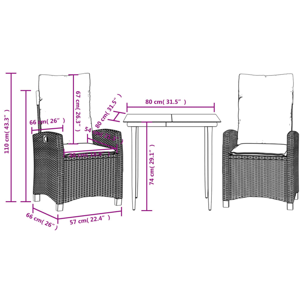 3 Piece Garden Dining Set with Cushions Grey Poly Rattan (US only)