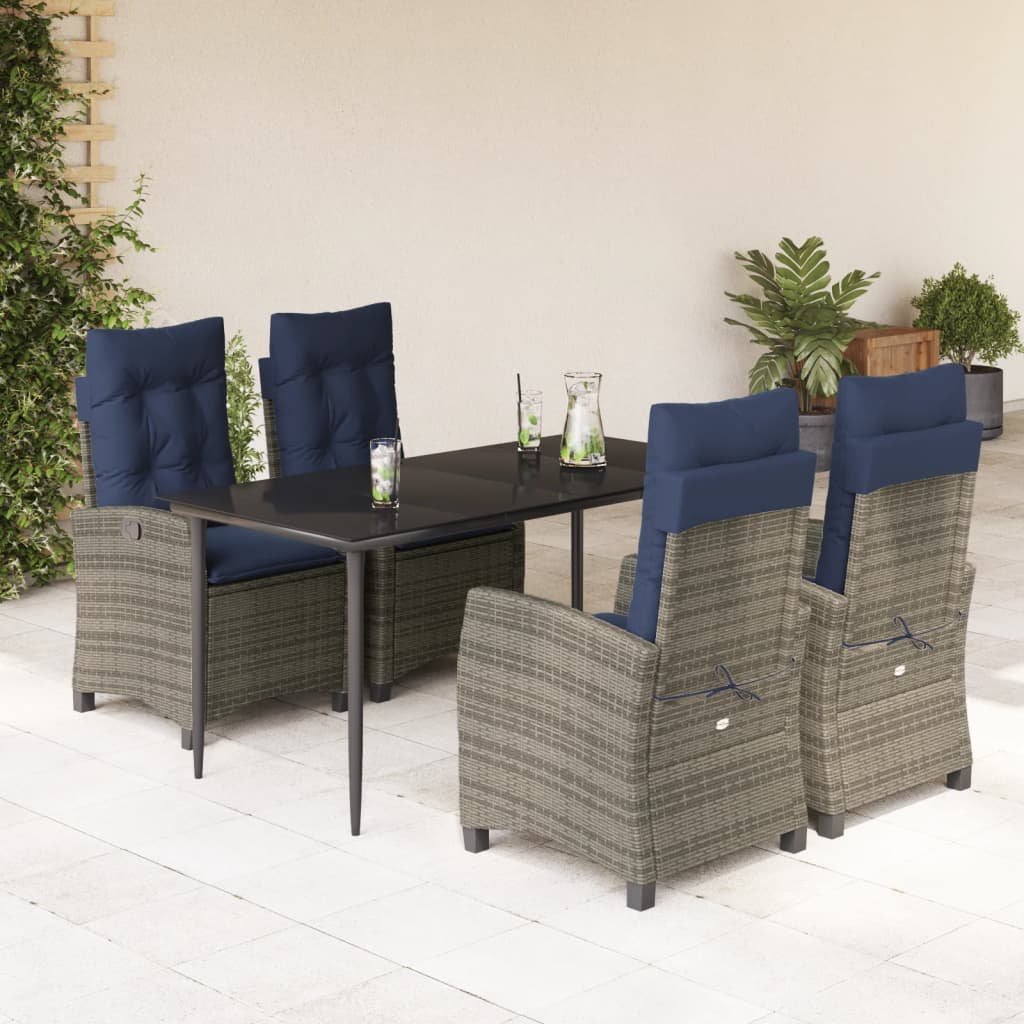 5 Piece Garden Dining Set with Cushions Grey Poly Rattan (US only)