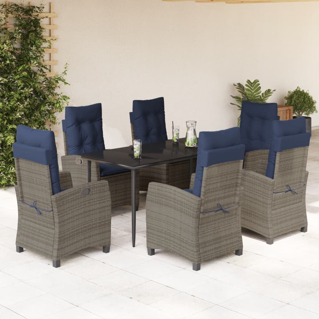 7 Piece Garden Dining Set with Cushions Grey Poly Rattan (US only)