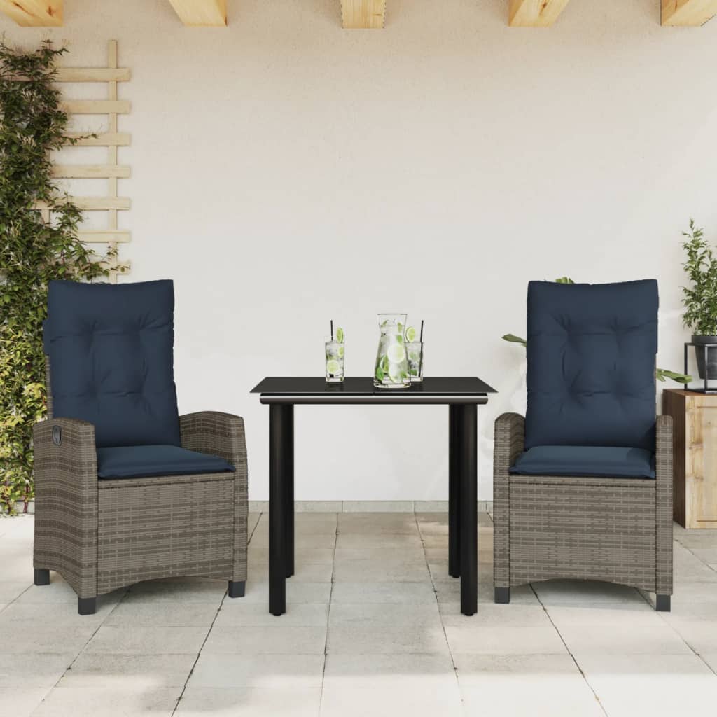 3 Piece Garden Dining Set with Cushions Grey Poly Rattan (US only)