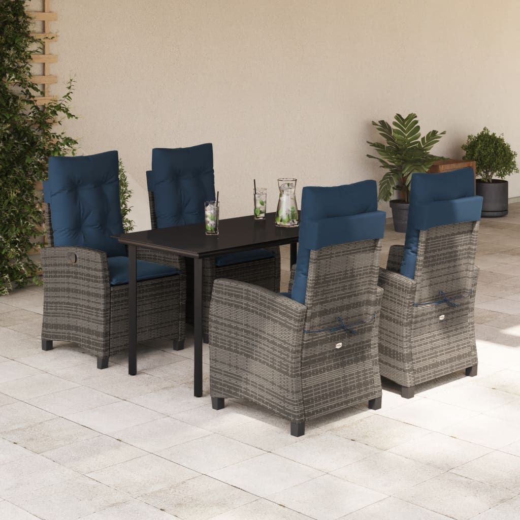 5 Piece Garden Dining Set with Cushions Grey Poly Rattan (US only)
