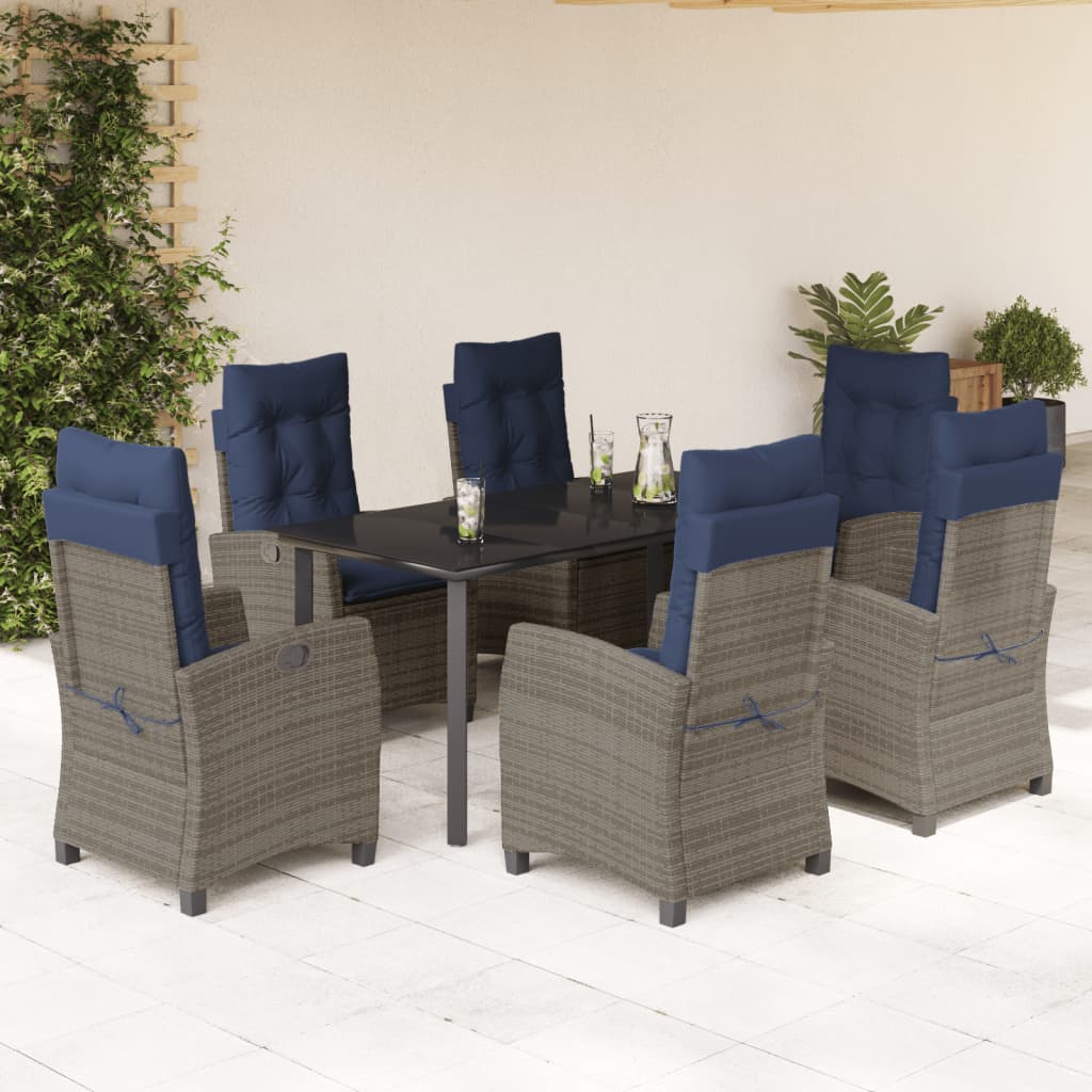7 Piece Garden Dining Set with Cushions Grey Poly Rattan (US only)