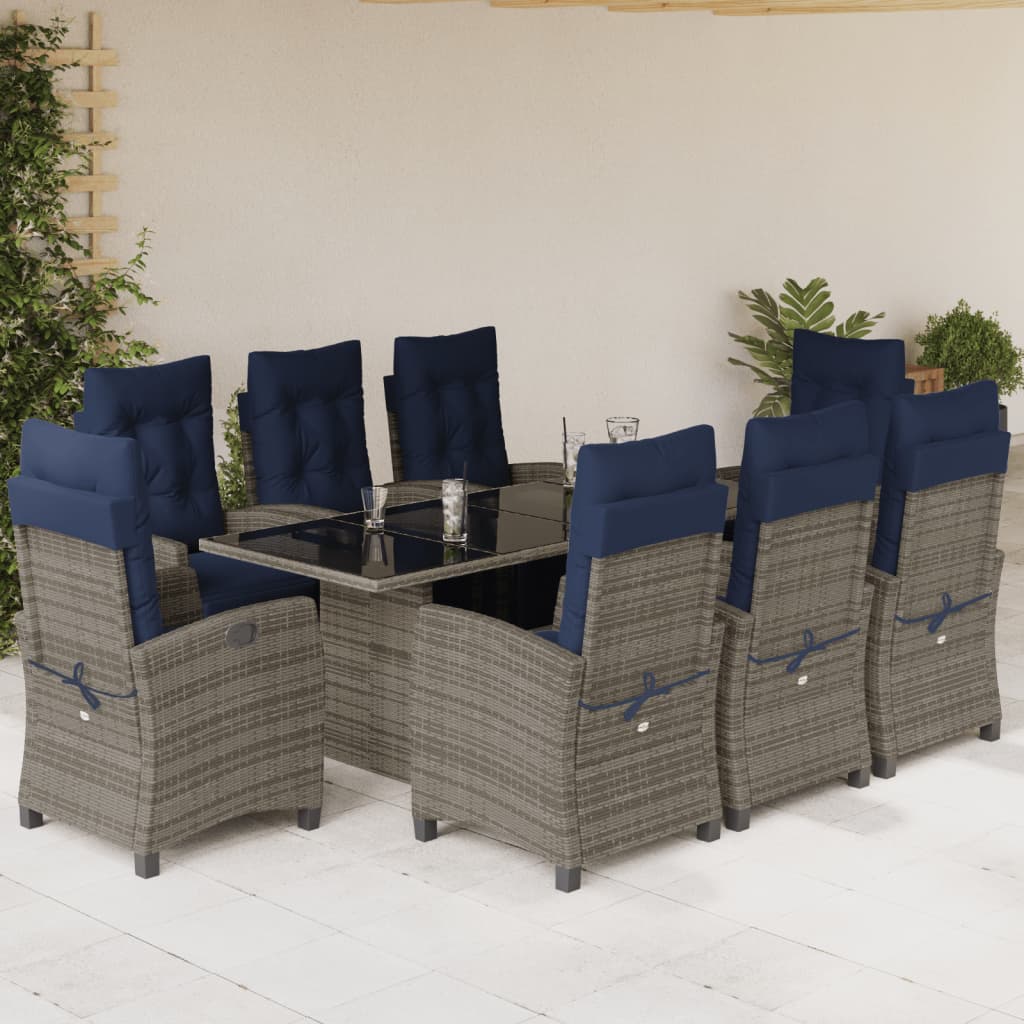 9 Piece Garden Dining Set with Cushions Grey Poly Rattan (US only)