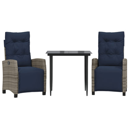 3 Piece Garden Dining Set with Cushions Grey Poly Rattan (US only)
