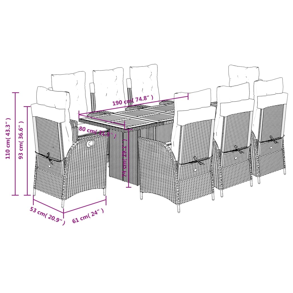 9 Piece Garden Dining Set with Cushions Grey Poly Rattan (US only)