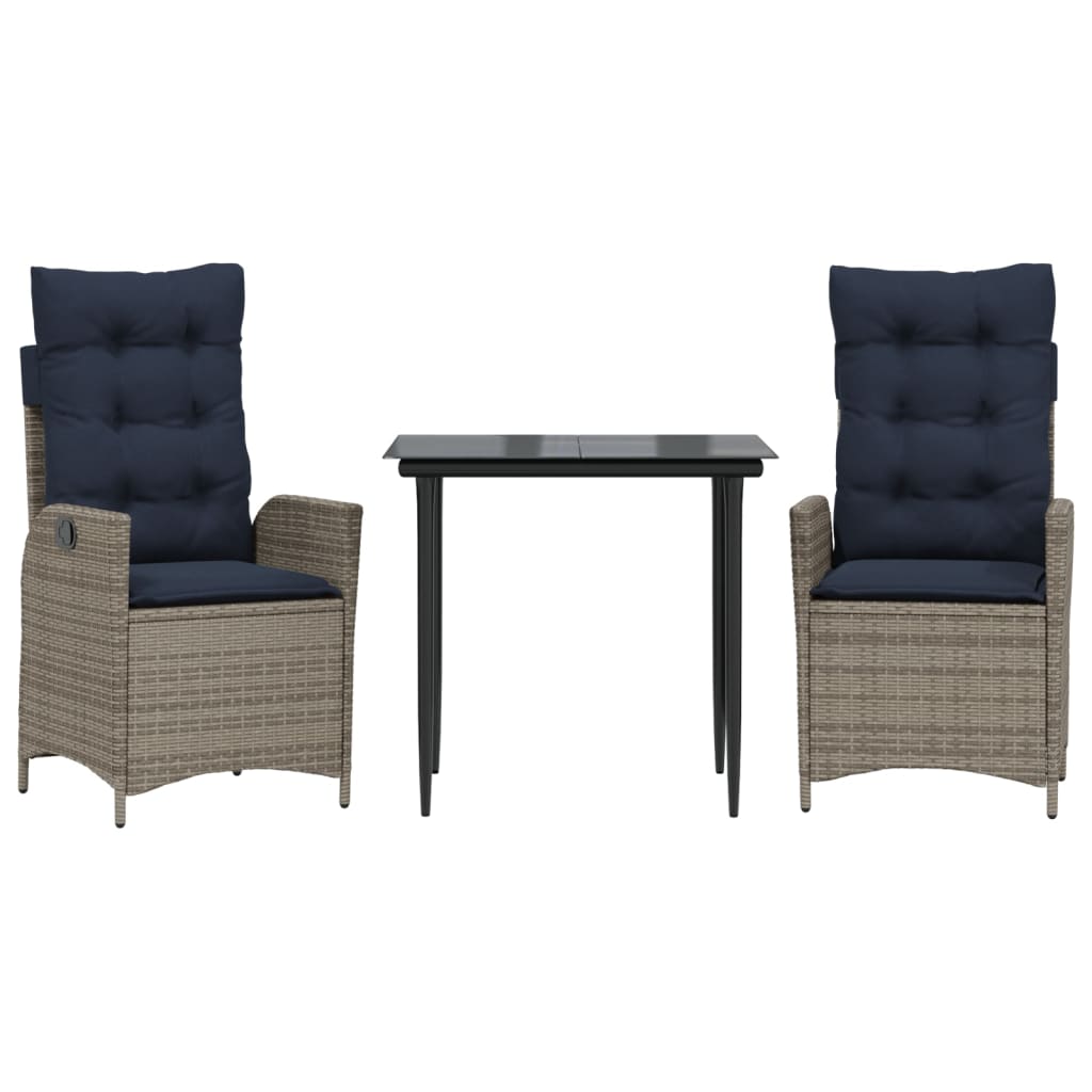 3 Piece Garden Dining Set with Cushions Grey Poly Rattan (US only)