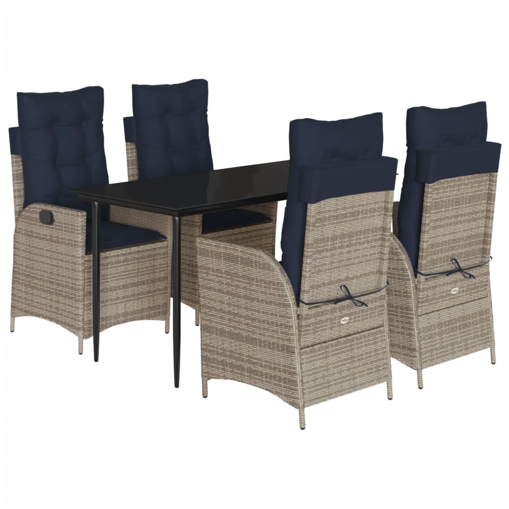 5 Piece Garden Dining Set with Cushions Grey Poly Rattan (US only)