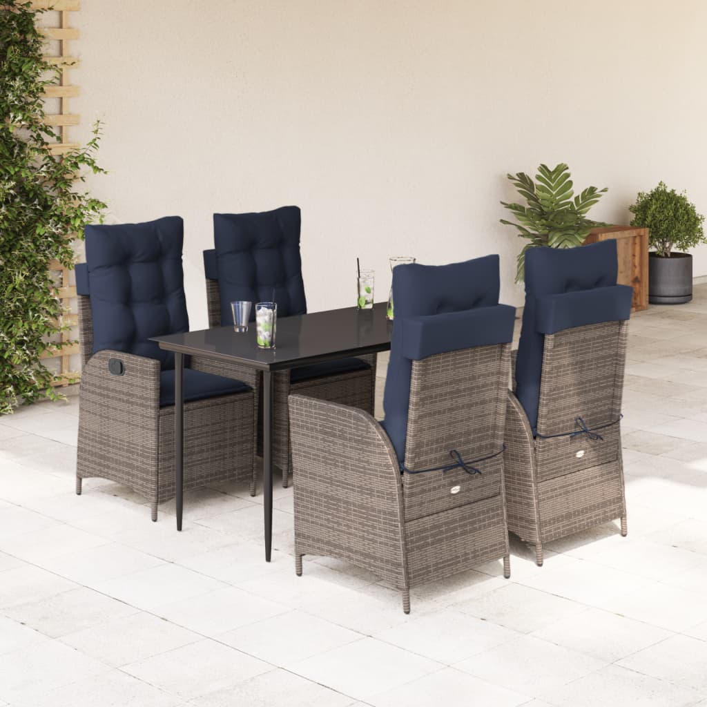 5 Piece Garden Dining Set with Cushions Grey Poly Rattan (US only)