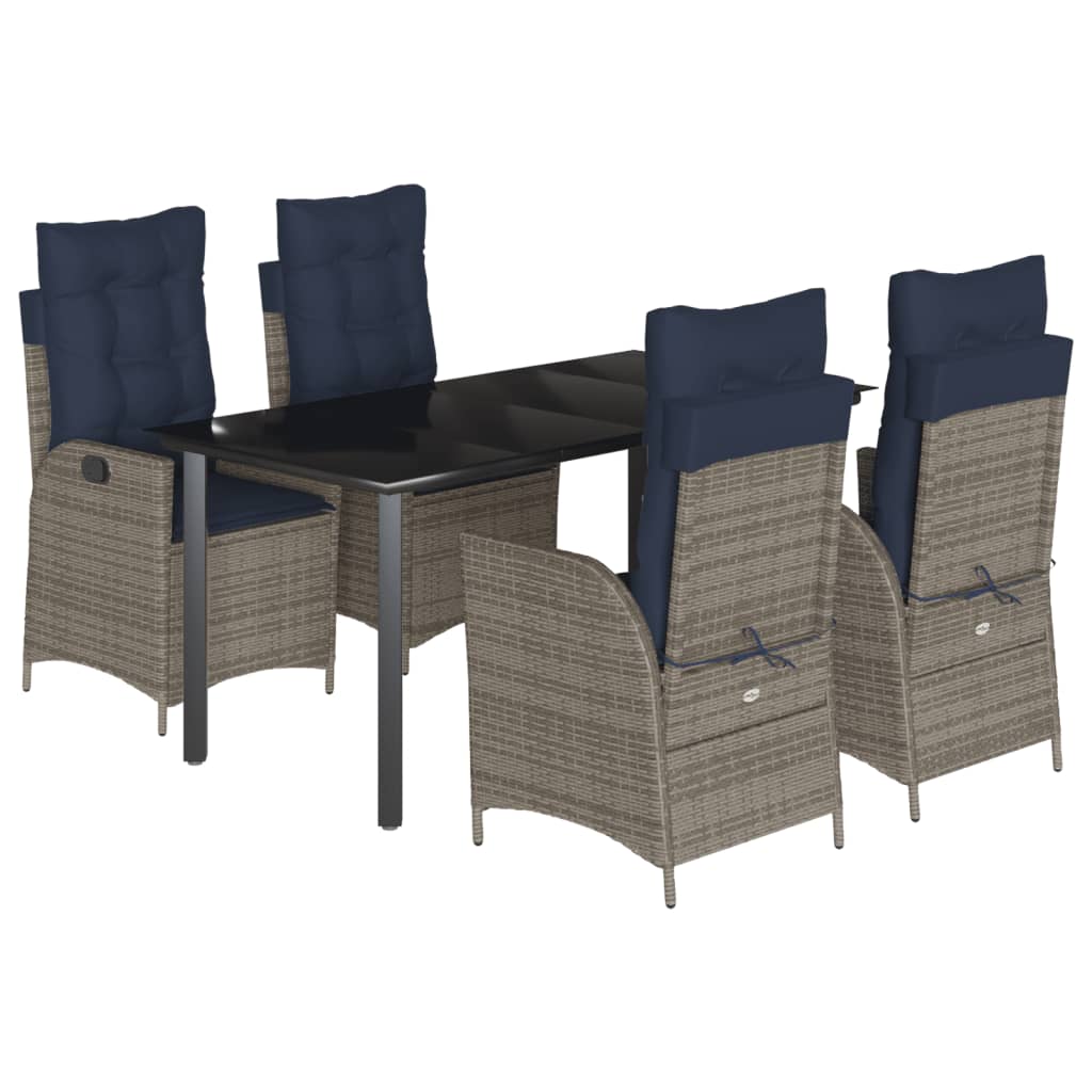 5 Piece Garden Dining Set with Cushions Grey Poly Rattan (US only)