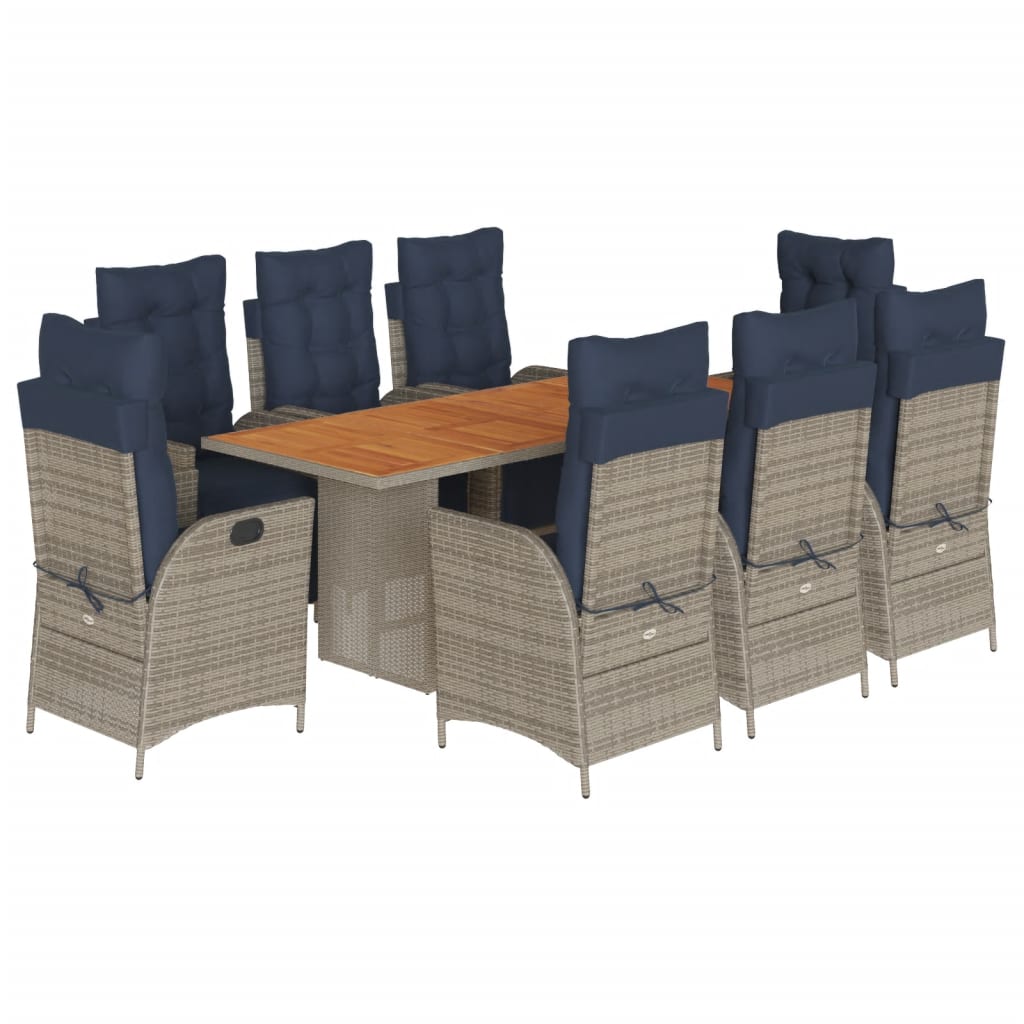 9 Piece Garden Dining Set with Cushions Grey Poly Rattan (US only)