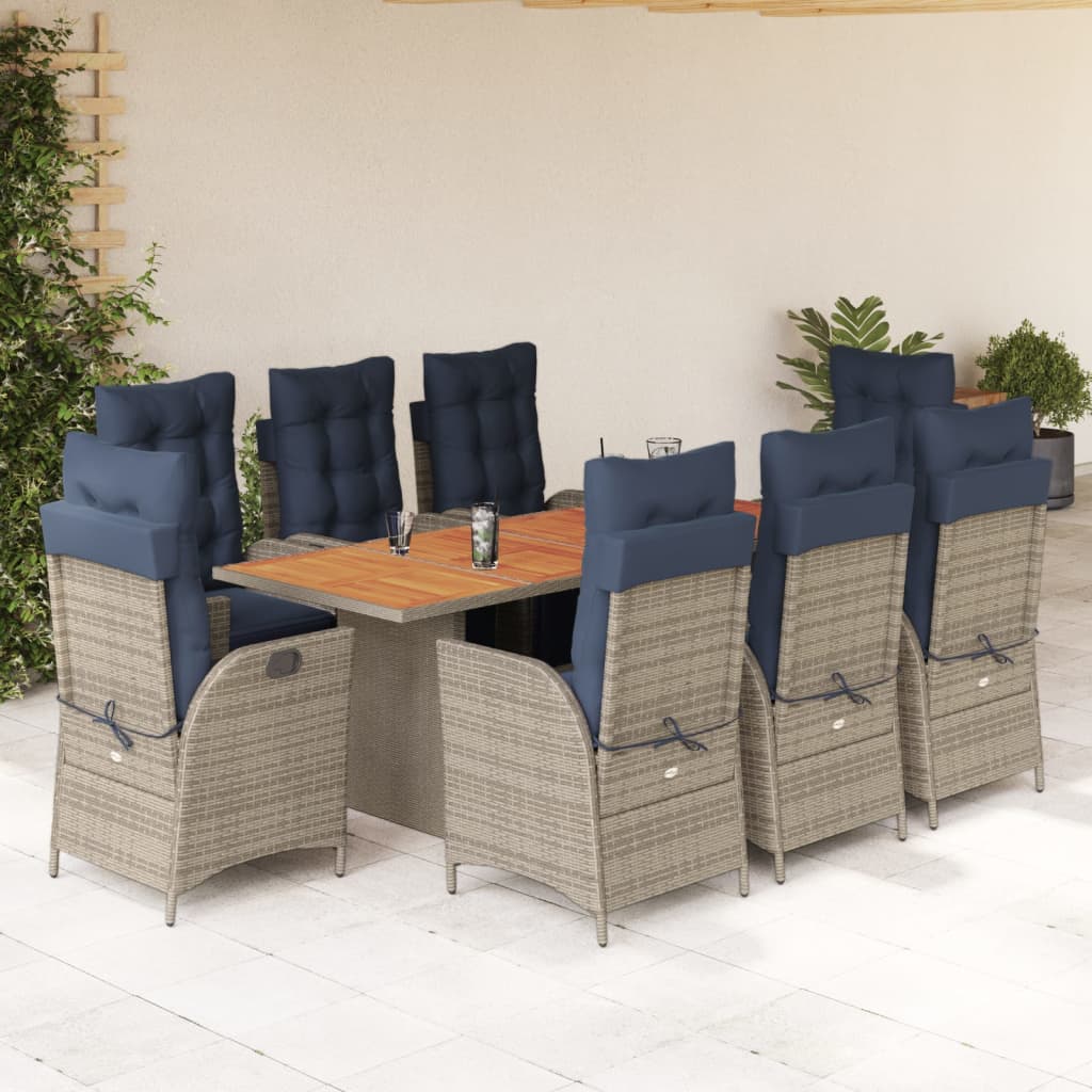 9 Piece Garden Dining Set with Cushions Grey Poly Rattan (US only)
