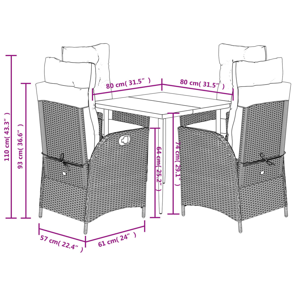5 Piece Garden Dining Set with Cushions Grey Poly Rattan (US only)