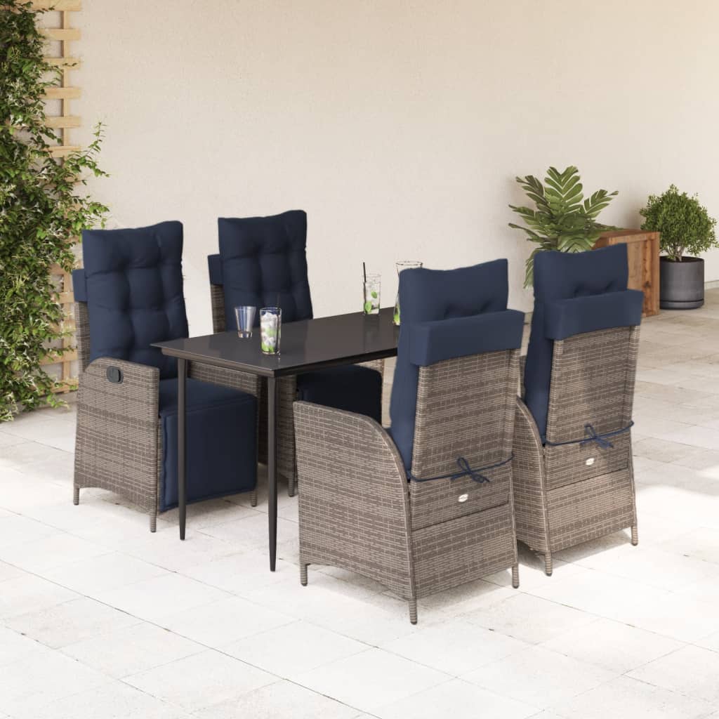5 Piece Garden Dining Set with Cushions Grey Poly Rattan (US only)