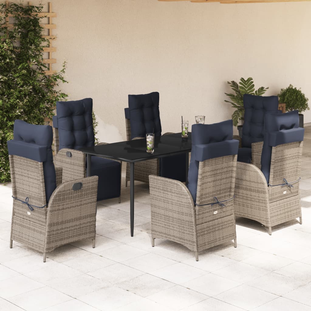 7 Piece Garden Dining Set with Cushions Grey Poly Rattan (US only)
