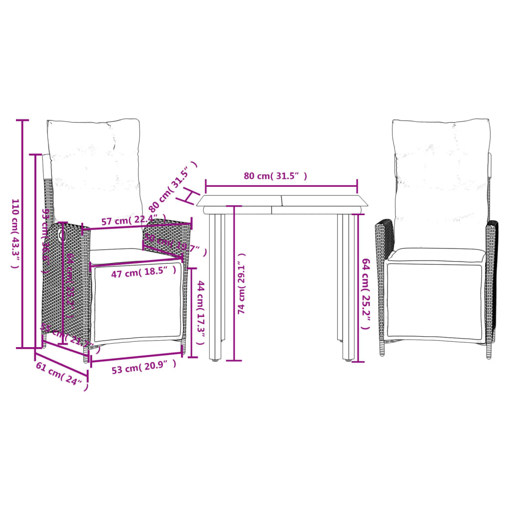 3 Piece Garden Dining Set with Cushions Grey Poly Rattan (US only)