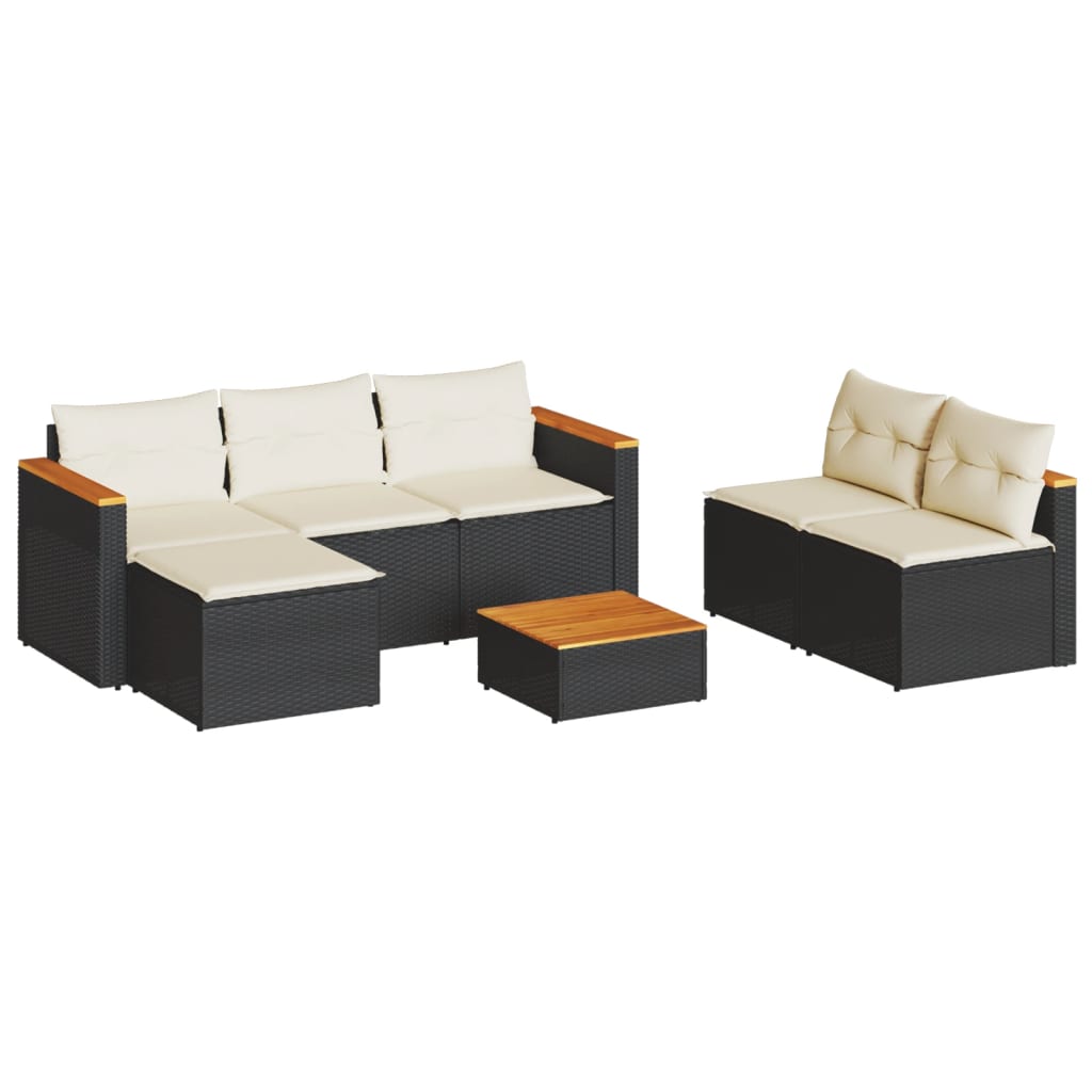 5 Piece Patio Sofa Set with Cushions Black Poly Rattan Acacia