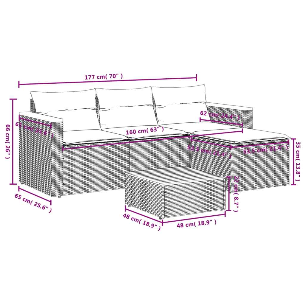 5 Piece Patio Sofa Set with Cushions Black Poly Rattan Acacia