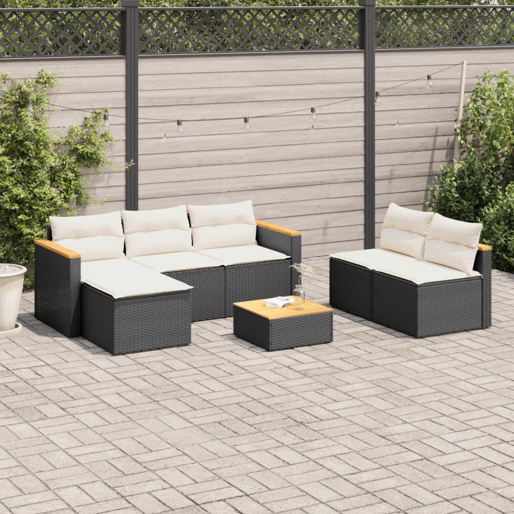 5 Piece Patio Sofa Set with Cushions Black Poly Rattan Acacia
