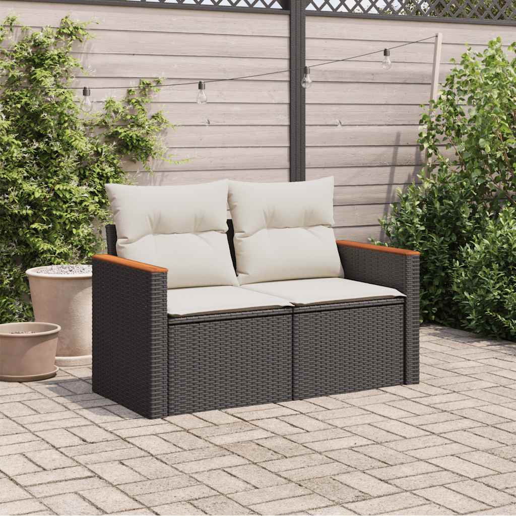 Patio Sofa with Cushions 2-Seater Black Poly Rattan
