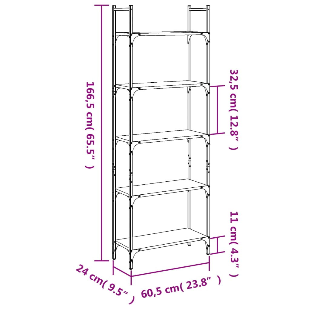 Bookshelf | Grey Sonoma | Engineered Wood, Powder-Coated Steel | 5-Tier