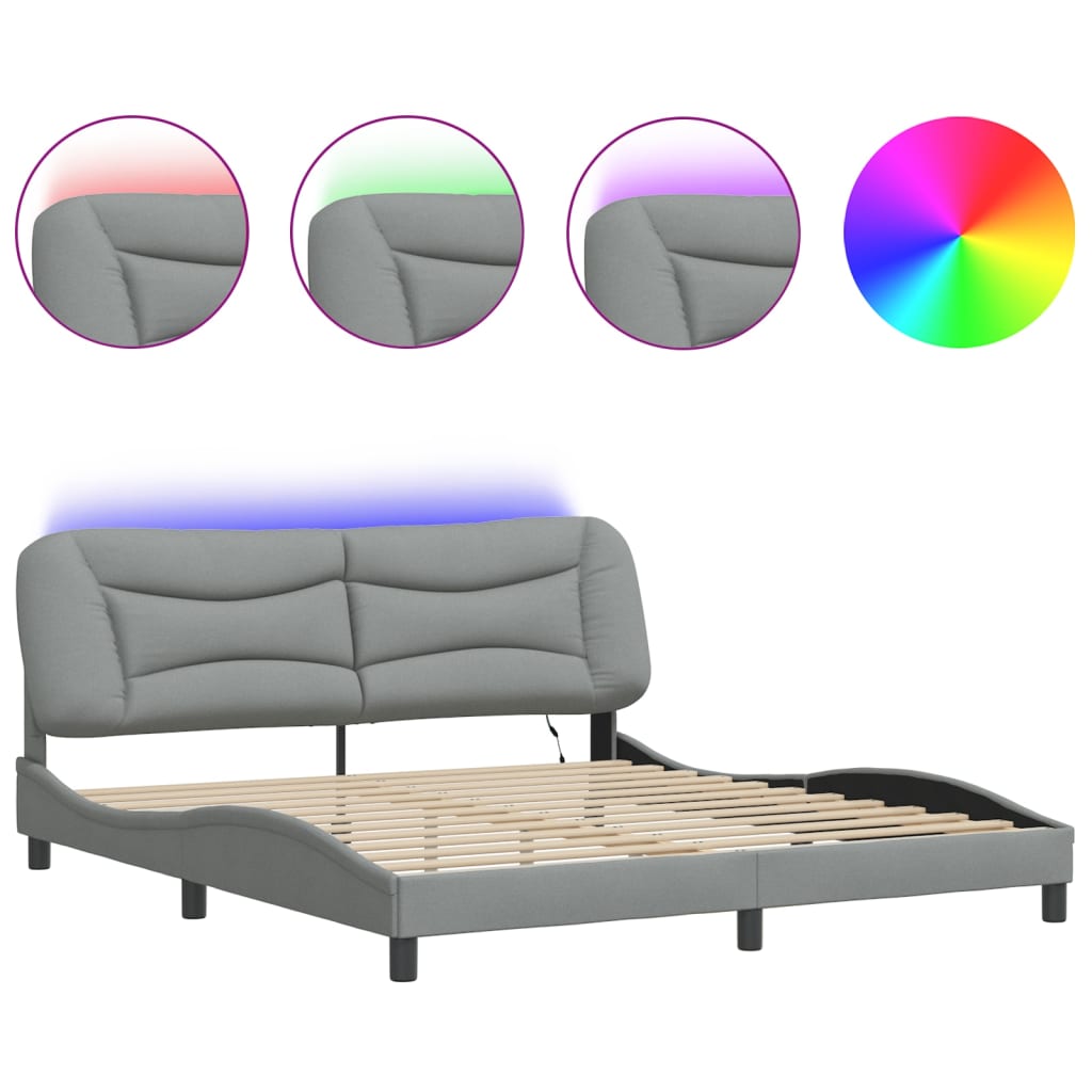 Bed Frame with LED without Mattress "Hvar" Light Gray 76"x79.9" Fabric