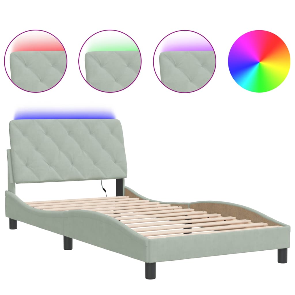 Bed Frame with LED without Mattress Light Gray 39.4"x74.8" Velvet