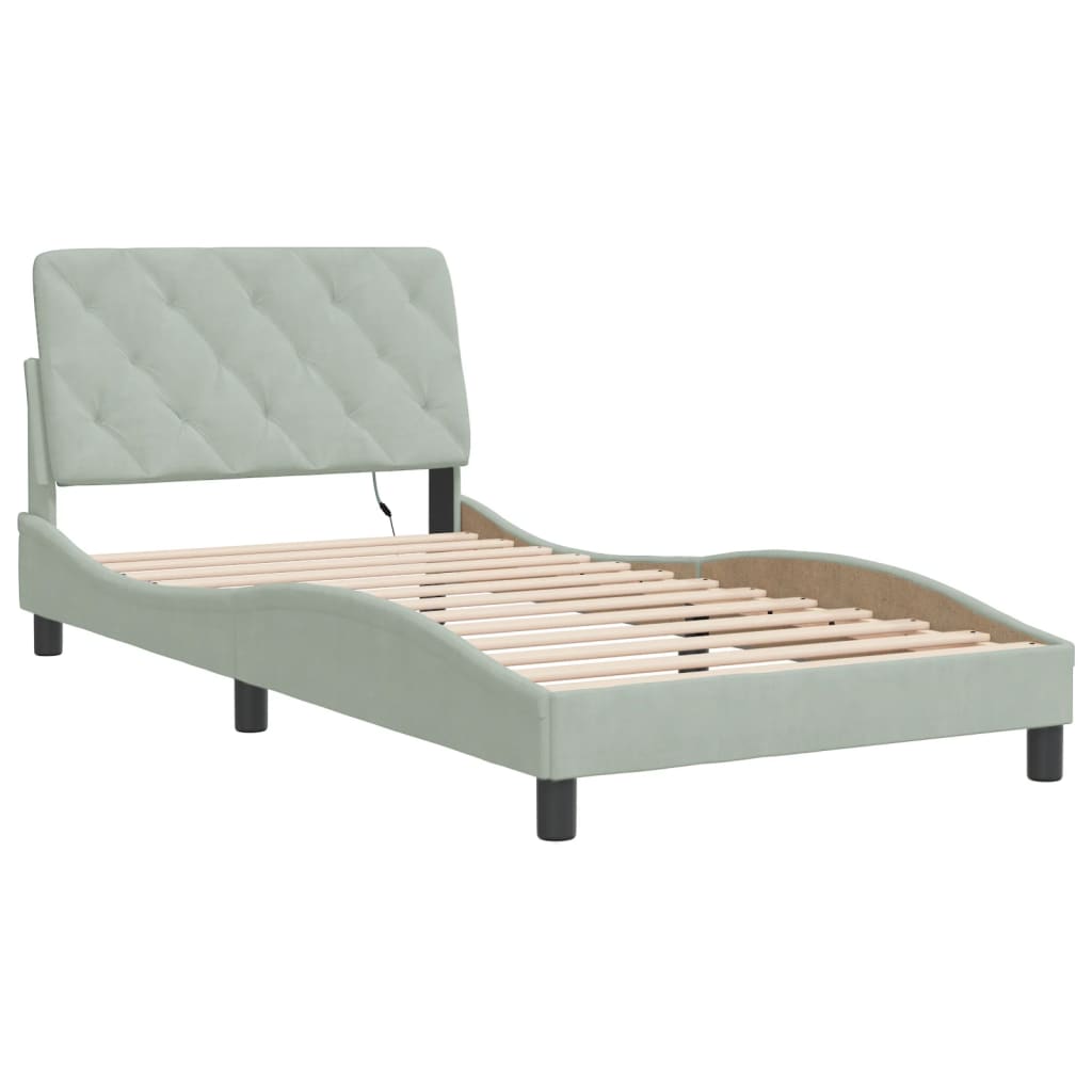 Bed Frame with LED without Mattress Light Gray 39.4"x74.8" Velvet