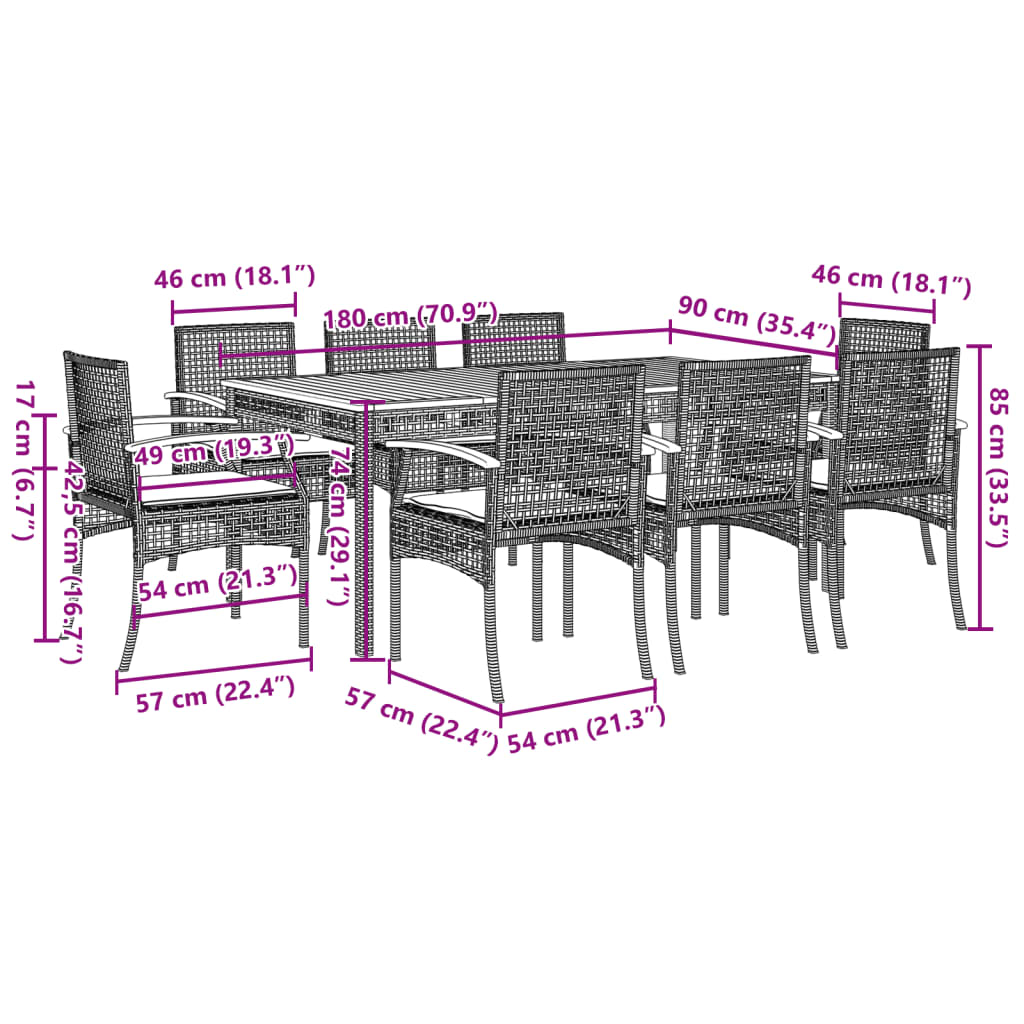 9 Piece Patio Dining Set with Cushions Gray Poly Rattan