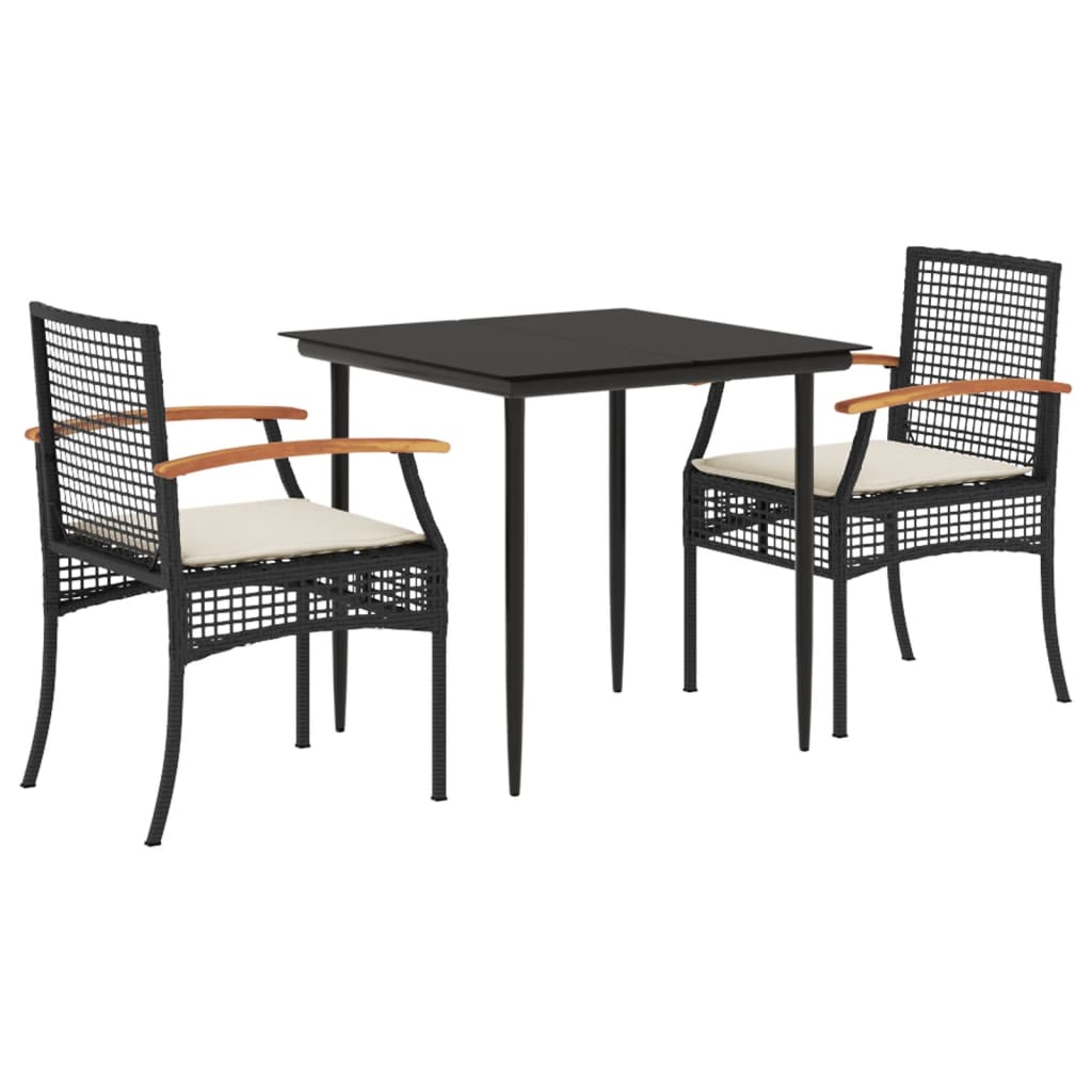 3 Piece Patio Dining Set with Cushions Black Poly Rattan