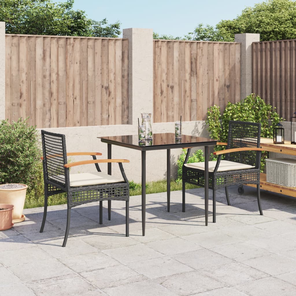 3 Piece Patio Dining Set with Cushions Black Poly Rattan