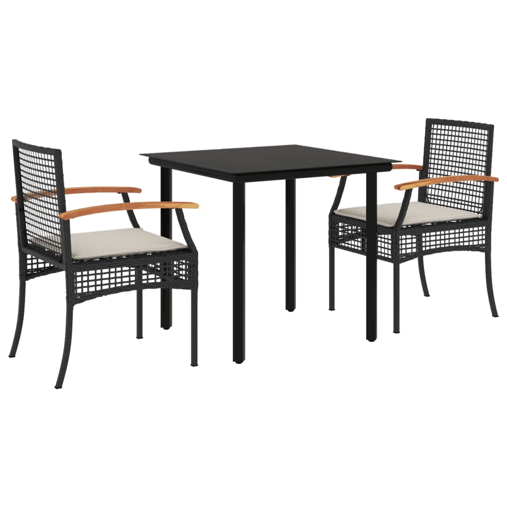 3 Piece Patio Dining Set with Cushions Black Poly Rattan