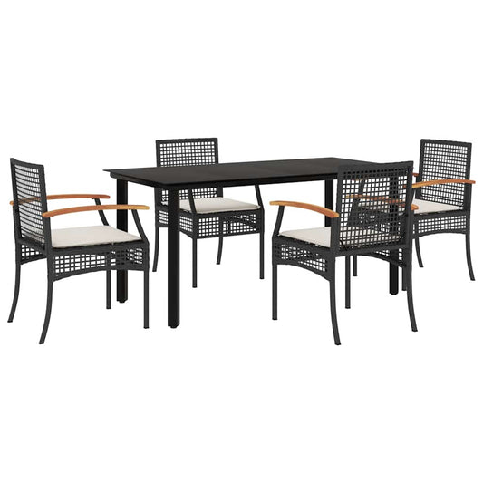 5 Piece Garden Dining Set with Cushions Black Poly Rattan