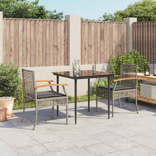 3 Piece Garden Dining Set with Cushions Grey Poly Rattan